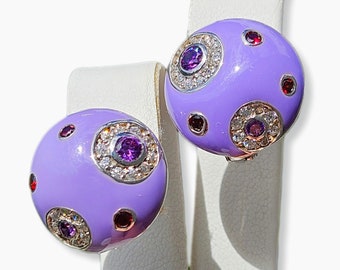 Boucles d'oreilles en émail avec zircone en argent 925, boucles d'oreilles rondes en forme de dôme motif planète galaxie, canal affleurant, améthyste rouge rubis mauve violet