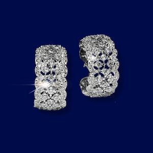 Retro Baroque Lace Earrings, 925 Sterling Silver, Two-Tone Florentine Style Hoop Earrings, White Zirconia, Wave Net Pattern, Filigree Italian Moissanite Silver