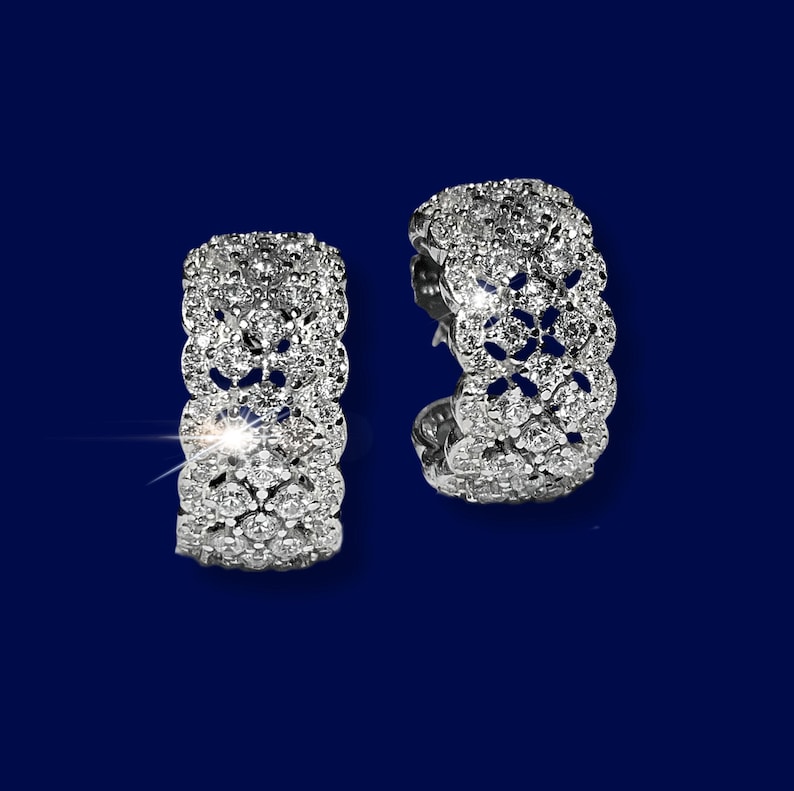 Retro Baroque Lace Earrings, 925 Sterling Silver, Two-Tone Florentine Style Hoop Earrings, White Zirconia, Wave Net Pattern, Filigree Italian Moissanite Silver