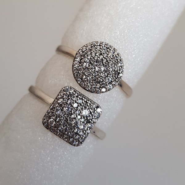 Bague pompon, lot de 2 anneaux superposés en argent 925 rhodié, pavé de cristaux ronds et carrés, look créateur lave