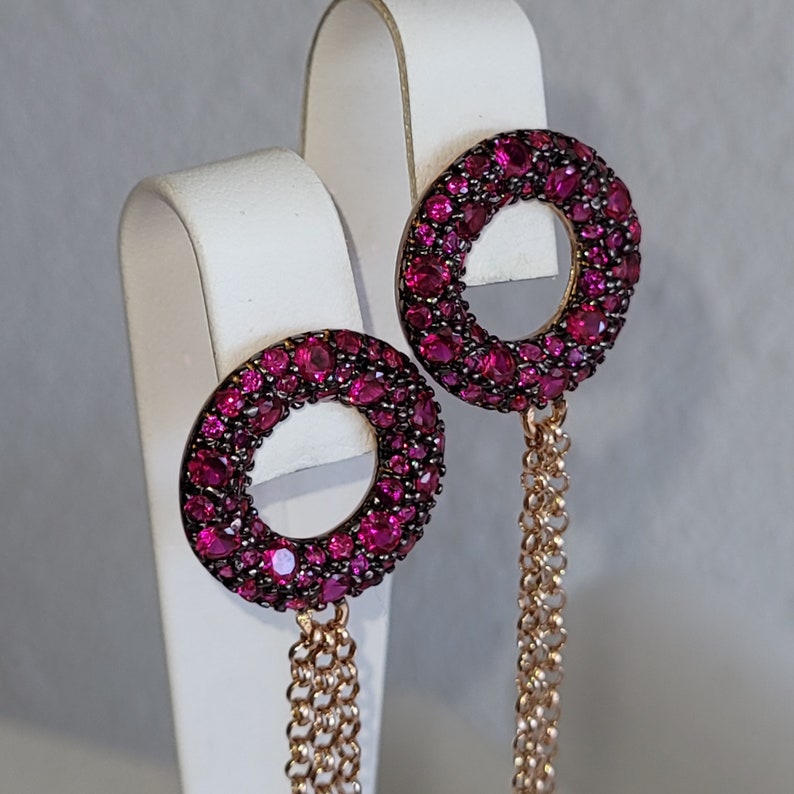 Boucles d'oreilles pompons, boucles d'oreilles pendantes argent 925 avec pampilles rolo, donut pavé cocktail rubellite rouge magenta, rubis violet fuchsia zircon cubique image 3