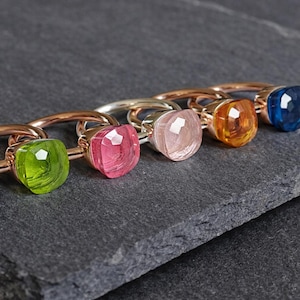 Bague pompon, argent sterling 925 pur avec coussin en agate, bague empilable en pierre semi-précieuse solitaire carré facetté, bijoux de déclaration de cocktail