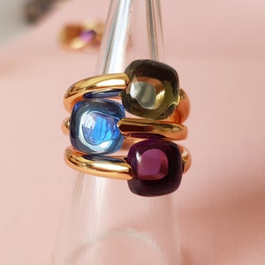 Pompom ring, 925 silver 24kt gold plated, square cabochon, colorful, green amethyst citrine, sapphire, statement stacking ring simple mama