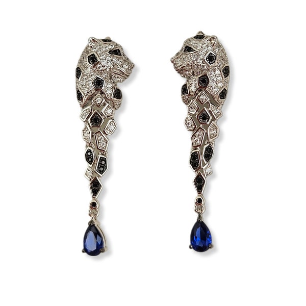 Panther earrings, hanging earrings 925 silver, rhodium plated, hydro spinel and sapphire drops, diamond look, cat Leo lion Louis Laurent Puma