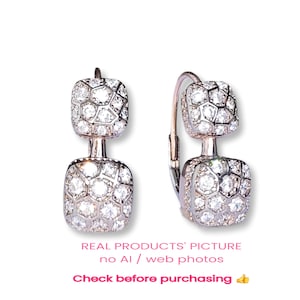 Pompom Earrings, Elegant 925 Sterling Silver Earrings with Double Square & Cubic Zirconia – Honeycomb Structure, Rhodium / Rose Gold / Bicolor Gold, Italian