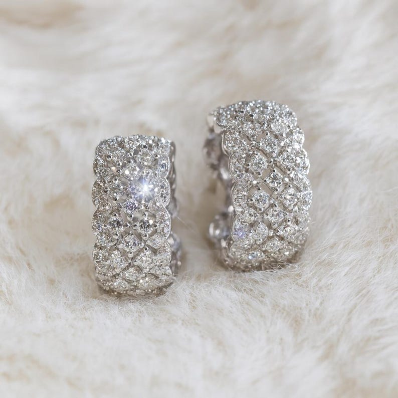 Retro Baroque Lace Earrings, 925 Sterling Silver, Two-Tone Florentine Style Hoop Earrings, White Zirconia, Wave Net Pattern, Filigree Italian Moissanite image 4