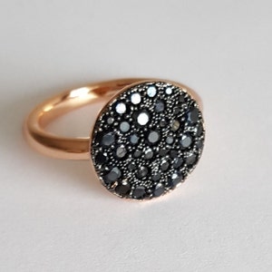 Pompom ring, round stacking ring in lava finish pavé, spinel black crystal stones, very glittering, rose gold, gold white gold over stainless steel