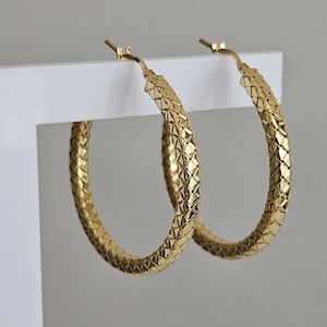 Puede incluir: Un par de pendientes de aro de oro con un diseño texturizado y geométrico. Los pendientes están hechos de un metal brillante y tienen una forma circular.