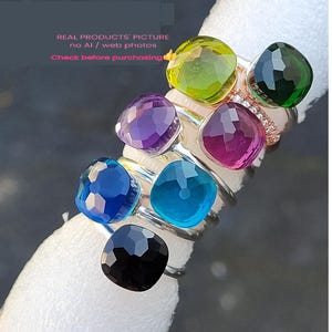 Anello con pompon, argento sterling 925 puro con cuscino in agata, anello impilabile con pietre semipreziose, solitario quadrato sfaccettato, gioiello da cocktail di tendenza