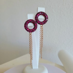 Boucles d'oreilles pompons, boucles d'oreilles pendantes argent 925 avec pampilles rolo, donut pavé cocktail rubellite rouge magenta, rubis violet fuchsia zircon cubique image 2