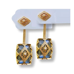 Labradorit Ohrringe 925 Silber, vergoldet mit Zirkonia, vorne hinten Ohrstecker