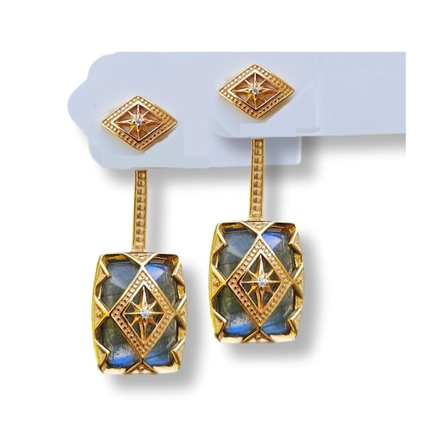 Pendientes de labradorita, plata de ley 925, chapados en oro con circonitas cúbicas, pendientes de botón, parte delantera y trasera.