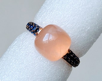 Bague pompon, argent sterling 925 avec cabochon de quartz rose, bague empilable de pierres précieuses rose, plaqué or 24 carats, bague empilable pavé bleu saphir dom