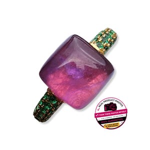 Pompon ring, raw amethyst cabochon, 925 sterling silver, gemstone stacking ring, green, 24kt gold plated, emerald pavé stacking ring