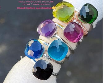 Anillo de pompón, plata de ley 925 pura con cojín de ágata, anillo apilable de piedra semipreciosa, solitario cuadrado facetado, joyería de cóctel llamativa