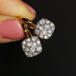 Pompom earrings, 925 Sterling silver + rose or gold, honeycomb pattern cushion, spectacular 2-color diamond look, faceted, square, white