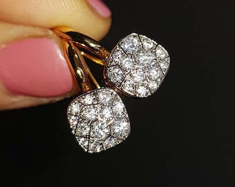 Pompom earrings, 925 Sterling silver + rose or gold, honeycomb pattern cushion, spectacular 2-color diamond look, faceted, square, white