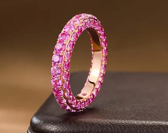 Eternity ring with pink sapphire quartz, three-row, fully pavé-set band ring, 925 silver, gold-plated, full pavé, stacking pompon