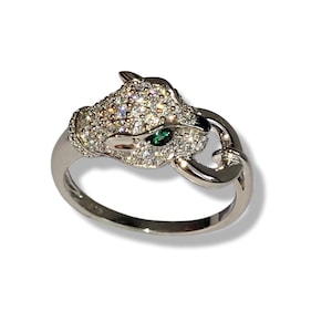 Bague Panthère, tête de puma avec anneau en argent 925, Nano vert émeraude, zircone blanche, Nano spinelle Animalier Animal Chat Lion