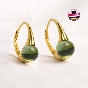 Pendientes de pompón, pendientes de aro con cabujón, prehnita verde, coral ambligonita, plata 925 chapada en oro, piedra lunar, berilo, perla, peridoto, tsavorita de 8 mm