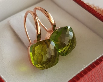 Pompom Earrings Square, 925 Silver faceted, Lime Chartreuse Green Citrus Crystal Cushion Cut Hook Vermeil Autumn Cocktail
