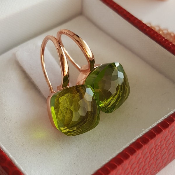 Boucles d'Oreilles Pompons Carrés, Argent 925 Facettes, Lime Chartreuse Vert Agrumes Cristal Taille Coussin Houes Vermeil Cocktail d'Automne