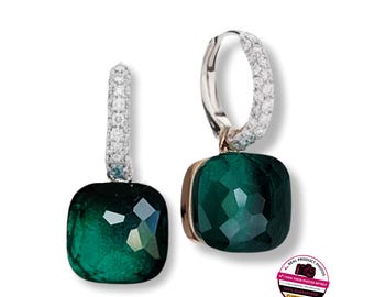 Pendientes Pompom de plata de ley 925 + oro rosa de 18 kt con piedra de ágata, talla cojín bicolor, aros de diamantes facetados y cuadrados.