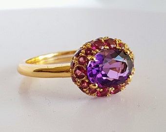 Pompom ring, halo stacking ring made of 925 silver, 24K hard gold plated, amethyst grape topaz purple, mauve oval, pave rose cut, adjustable