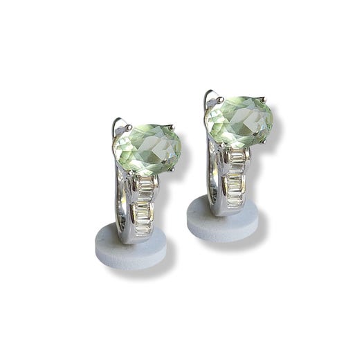 Boucles d'oreilles en améthyste verte, créoles en prasiolite Aqua Paraiba, topaze sertie de baguettes, bijoux discrets et raffinés, modèle ovale Cobra