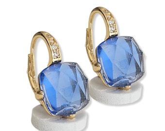 boucles d'oreilles pompons, coussins bleu saphir en argent 925 et or 24 carats, taille carrée, Kunzite Lolite bleu royal, dormeuses avec pavé de zircones