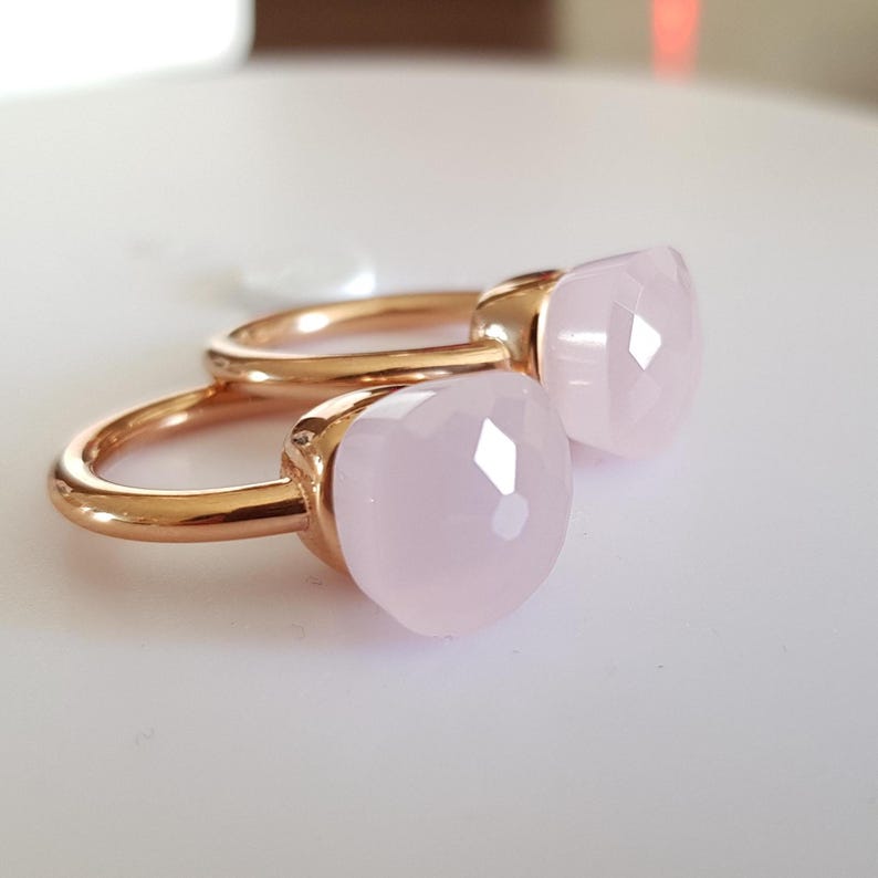 Anillo Pompom, plata de ley 925 pura con cojín de ágata, anillo apilable de piedra semipreciosa, solitario cuadrado facetado, joya llamativa para cóctel ROSA CERAMICA