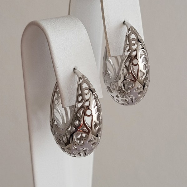 Pompom earrings, 925 sterling silver hoop earrings with inlays, curlicues, carved flowers, arabesque pattern, alkazar, drop earrings