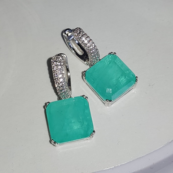 Paraiba 925 Silber Ohrringe, Creolen Diamanten Effekt, Hydroturmalin, Fusion Kristall Aqua grün Blau crashed Eiß quadrat Kolumbia Smaragd