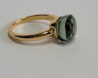 Pompom ring, 925 sterling silver 24Kt gold-plated with crystal cushion, grey green, amethyst amblygonite stacking ring faceted solitaire, statement