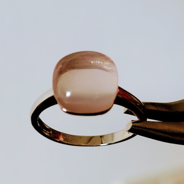 Bague pompon, argent sterling pur 925 avec cabochon de quartz rose, bague d'empilage de pierres précieuses rose, plaqué rhodium, bijoux de déclaration de cocktail