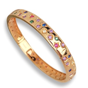 Bracelet jonc à pompon, bracelet manchette, jonc plaqué or rose en argent sterling 925 – Design exclusif et épuré avec sertissages ovales en quartz coloré