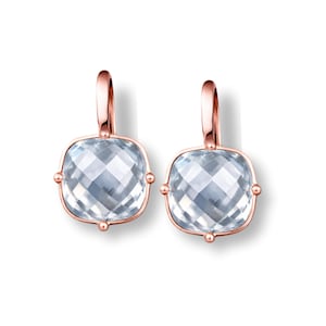 Pendientes de pompón, pendientes colgantes de topacio azul aguamarina con piedra cojín de cuarzo azul claro facetado 925 cuadrado plano, facetado