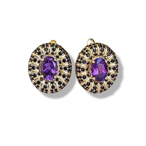 Oval amethyst earrings, patch earrings with purple gemstone and zirconia, 925 silver 24Kt gold plated, mauve antique retro model