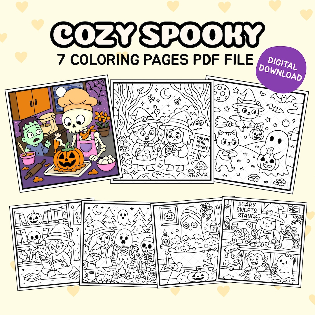 Cozy Spooky Halloween Coloring Pages, Kids & Adults (PDF) - Etsy