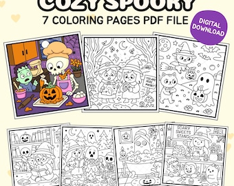 May include: A collection of seven black and white Cozy Spooky coloring pages. The pages feature Halloween-themed illustrations of ghosts, witches, cats, and skeletons. The words "COZY SPOOKY" and "7 COLORING PAGES PDF FILE" are at the top.