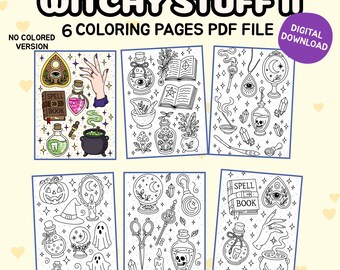 May include: A collection of six black and white coloring pages with a witchy theme. Each page features different illustrations of potion bottles, spell books, crystals, and other mystical objects. The text "Witchy Stuff II" and "6 Coloring Pages PDF File" are visible.