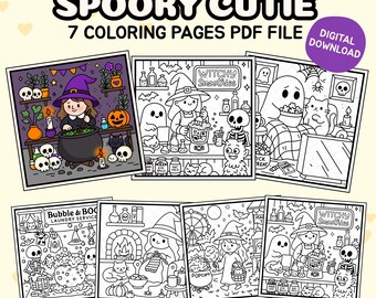 May include: A collection of seven black and white Halloween-themed coloring pages. The pages feature witches, ghosts, skeletons, and other spooky characters. Text on the image includes "Spooky Cutie", "7 Coloring Pages PDF File", and "Digital Download".