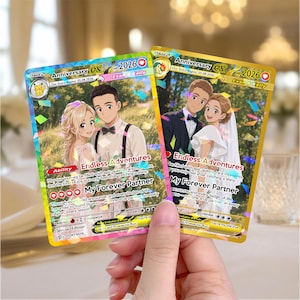 May include: Two custom trading cards featuring anime-style illustrations of a couple. The cards display the text Anniversary ex, 2026 HP, Endless Adventures, and My Forever Partner. The designs include holographic foil accents and colourful confetti patterns.