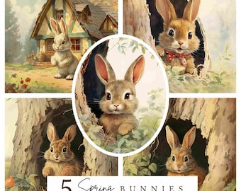 Vintage Easter Bunny Clipart, Spring JPG Illustrations (Digital Download)
