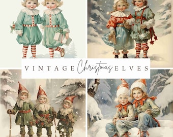 Digital vintage Snowy Christmas Elves Illustration Bundle, digital paper craft, nostalgic season