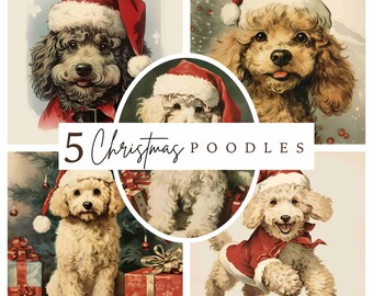 Vintage Christmas Poodle Illustrations – Festive Puppy Art (Instant Download)
