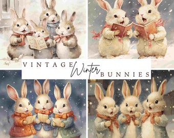 Caroling Bunnies: Vintage Illustration Bundle, Junk Journal Printable Pages, Scrapbook, cardmaking, clipart