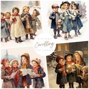 Pacchetto di illustrazioni natalizie per bambini di Vintage Carolers! Pagine stampabili del Junk Journal, nostalgiche