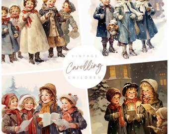 Vintage Carolers" Children's Christmas Illustration Bundle! Junk Journal printable pages, nostalgic