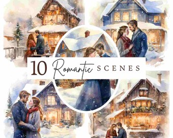 Romantic Winter Love Scenes Clipart, Valentine's Day, Commercial License (Digital Download)